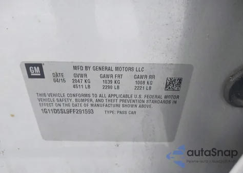 2015 Chevrolet Malibu 2Lt из США, поврежденный, VIN 1G11D5SL9FF291593